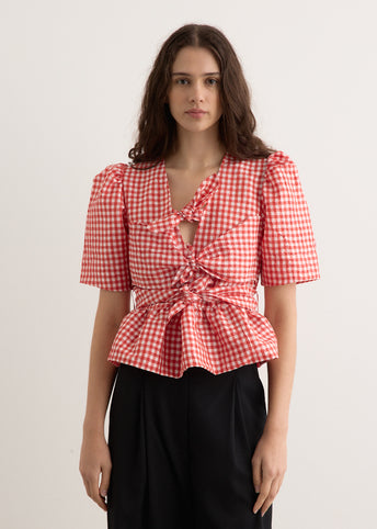 Crinkled Taffeta Check Tie Strap Blouse