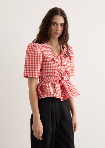 Crinkled Taffeta Check Tie Strap Blouse