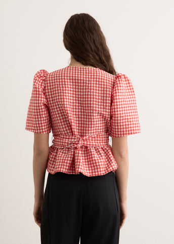 Crinkled Taffeta Check Tie Strap Blouse