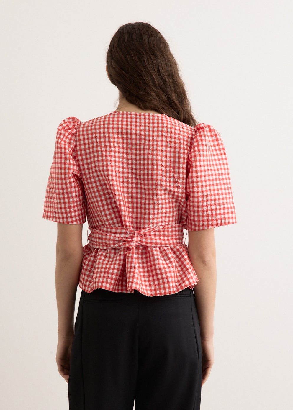 Crinkled Taffeta Check Tie Strap Blouse
