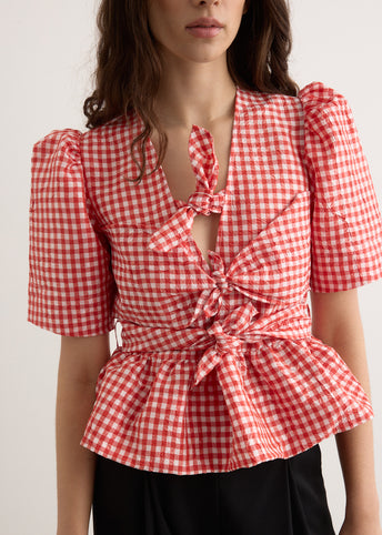 Crinkled Taffeta Check Tie Strap Blouse