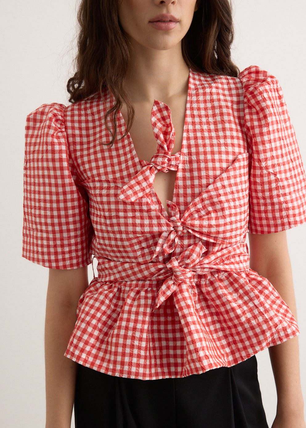 Crinkled Taffeta Check Tie Strap Blouse