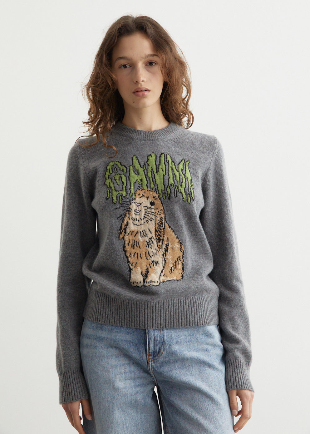 Ganni - Graphic Wool Mix Bunny Crewneck - Knitwear,Specials : American Fashion Style Bags On Sale