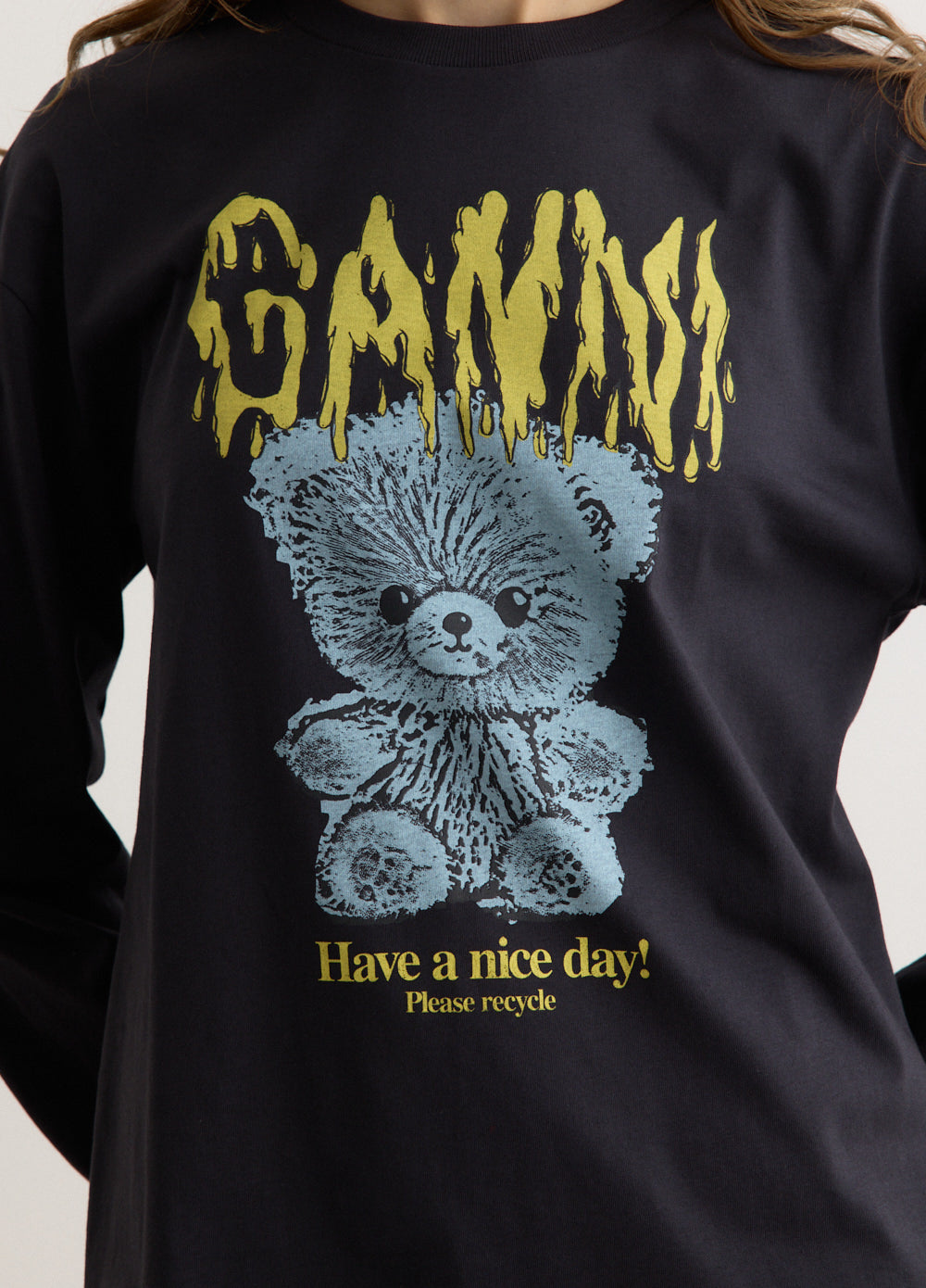国内発送☆GANNI☆Basic Cotton TEDDY Long Sleeve T-shirt/BL Phantom Black Basic Cotton Teddy Long Sleeve T-shirt | GANNI