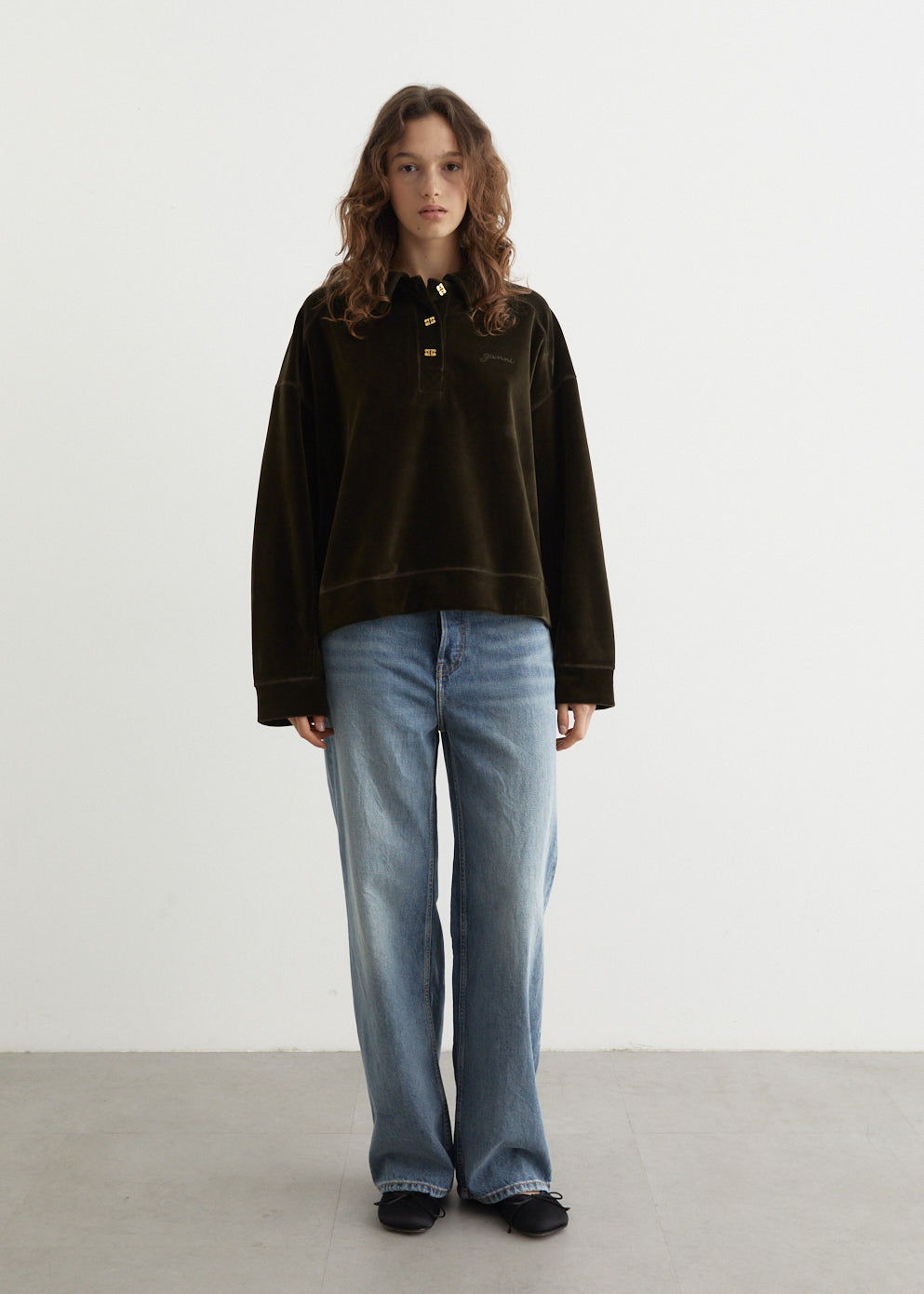 Ganni - Heavy Velour Drop Shoulder Polo Shirt - Sweater,Specials : American Fashion Style Bags On Sale Ganni - Heavy Velour Drop Shoulder Polo Shirt - Sweater,Specials : American Fashion Style Bags On Sale