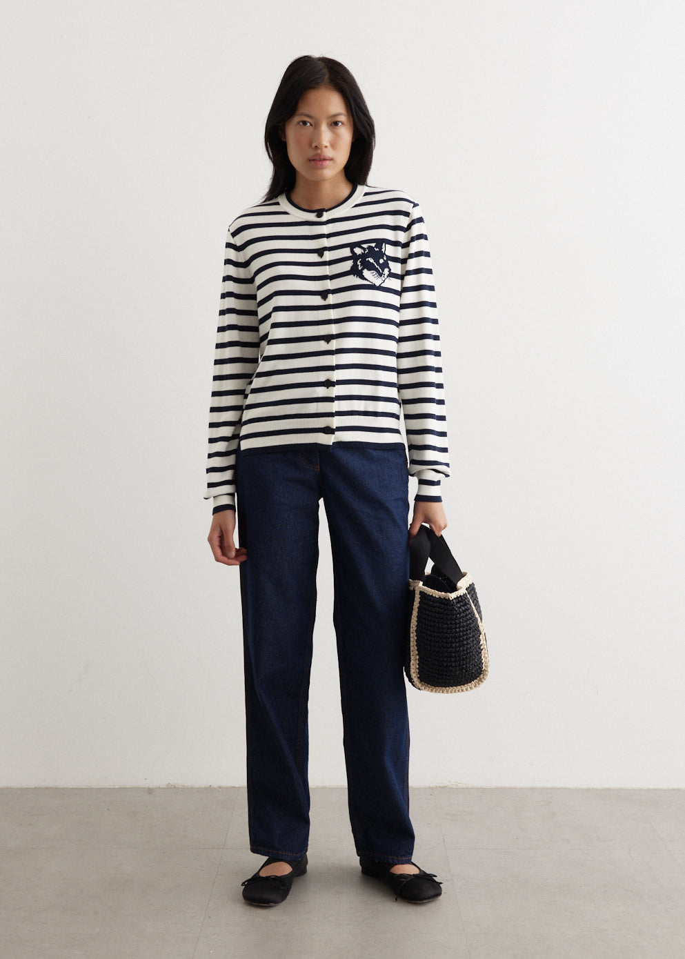 Fox Head Intarsia Crop Striped Cardigan