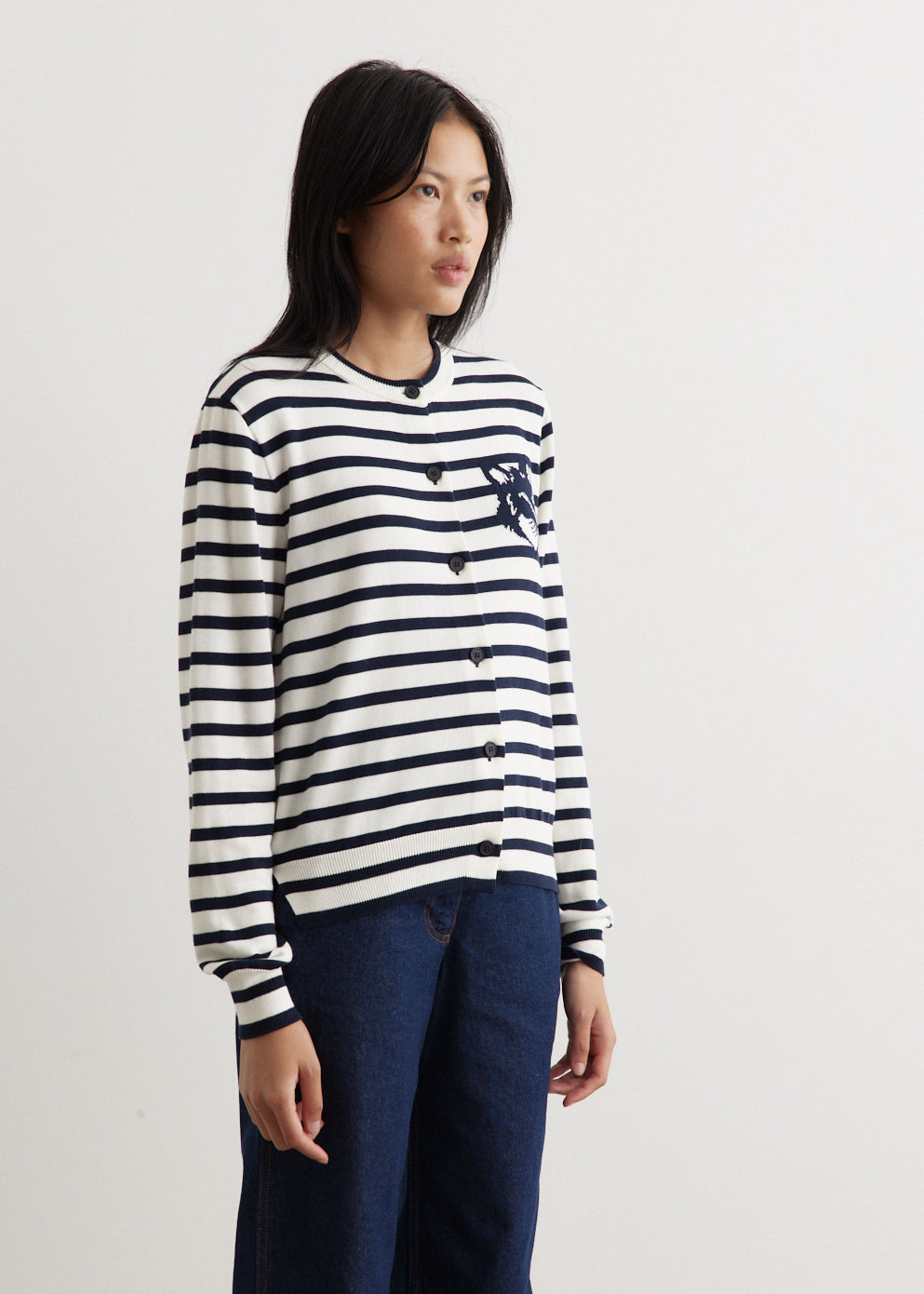 Fox Head Intarsia Crop Striped Cardigan