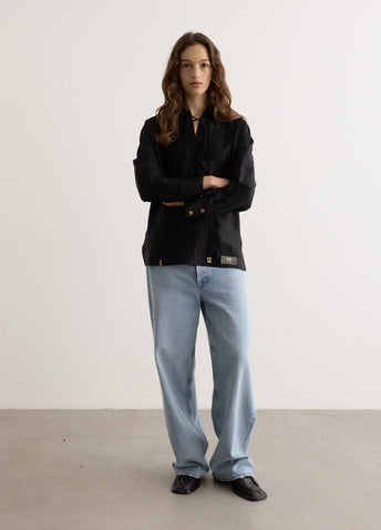 Fluid Satin Jacquard Tie String Raglan Shirt