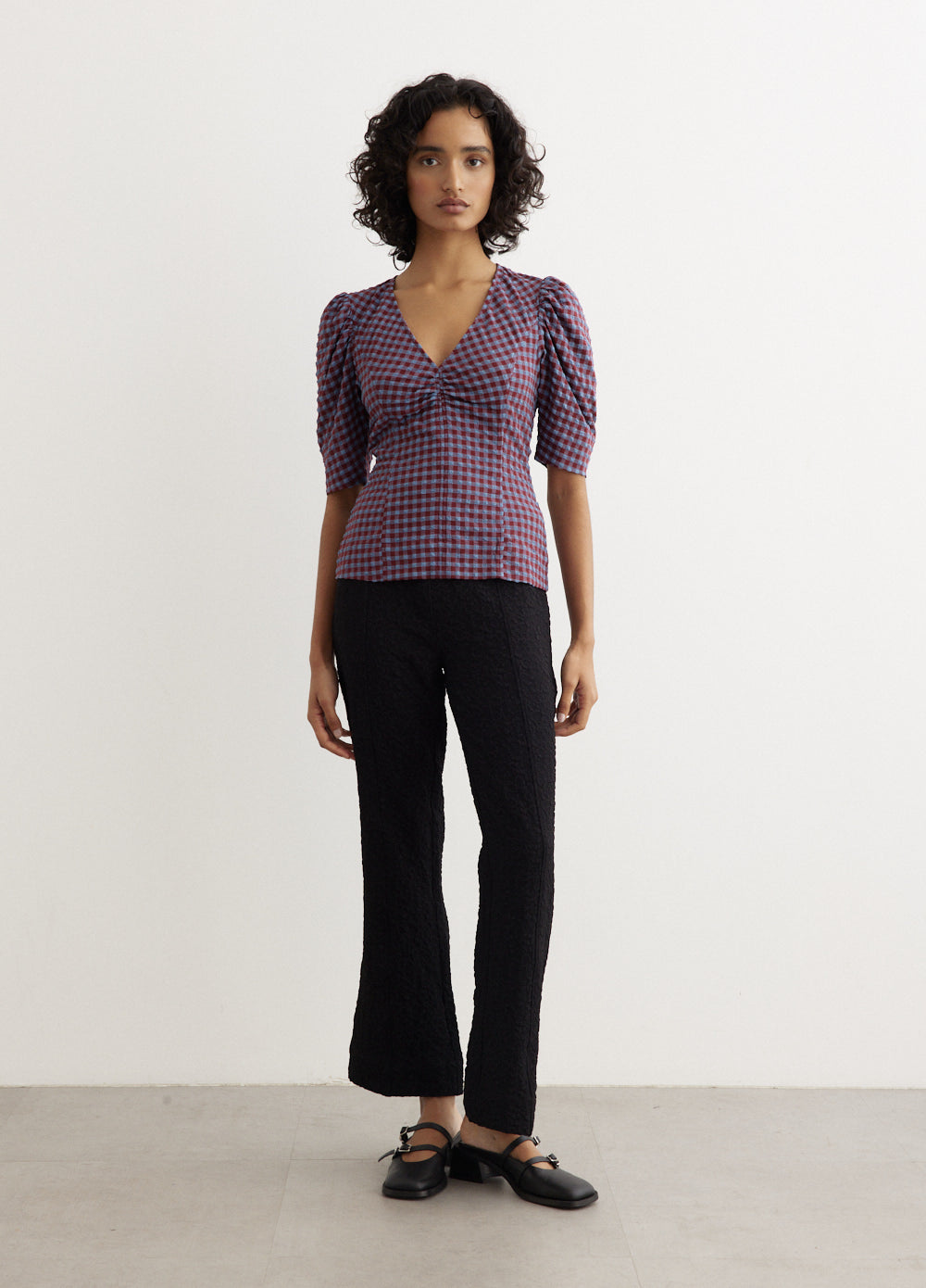 Stretch Seersucker V-Neck Blouse