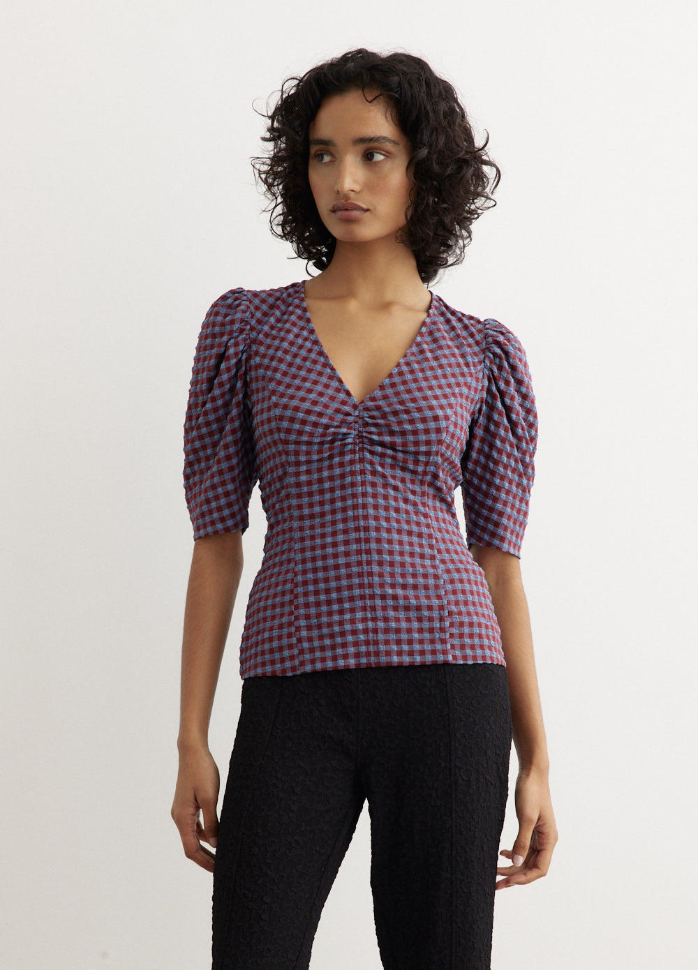 Stretch Seersucker V-Neck Blouse