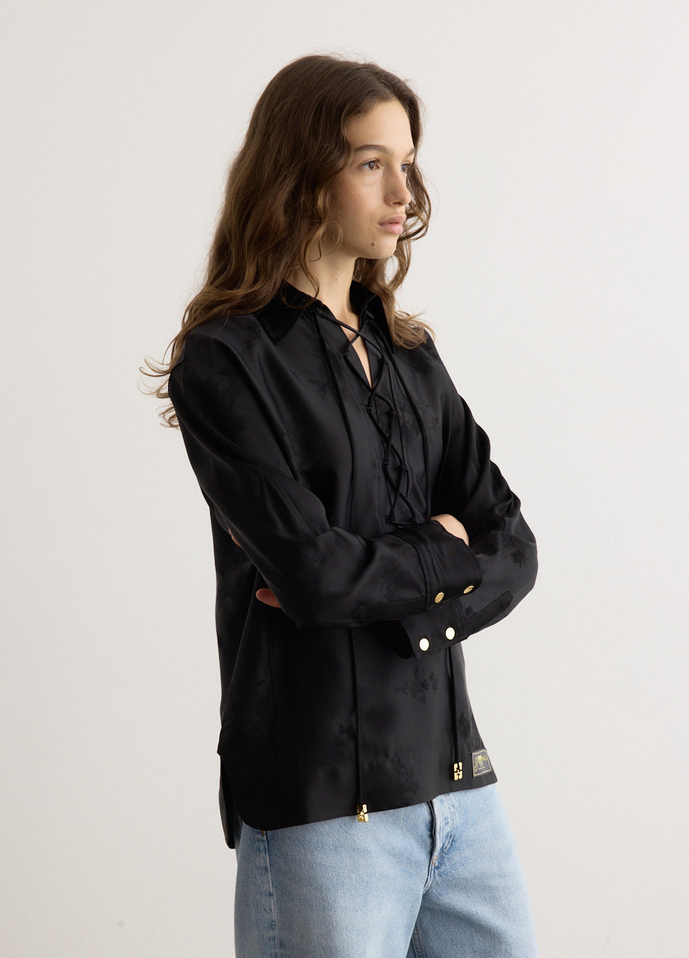 Fluid Satin Jacquard Tie String Raglan Shirt