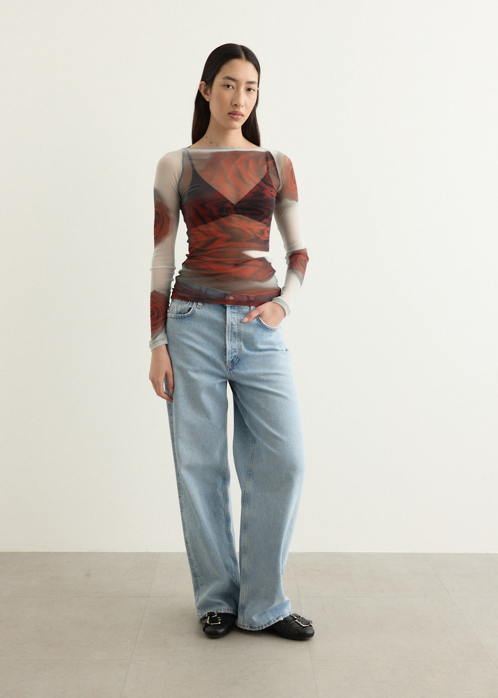 Mesh Boat Neck Long Sleeve Top