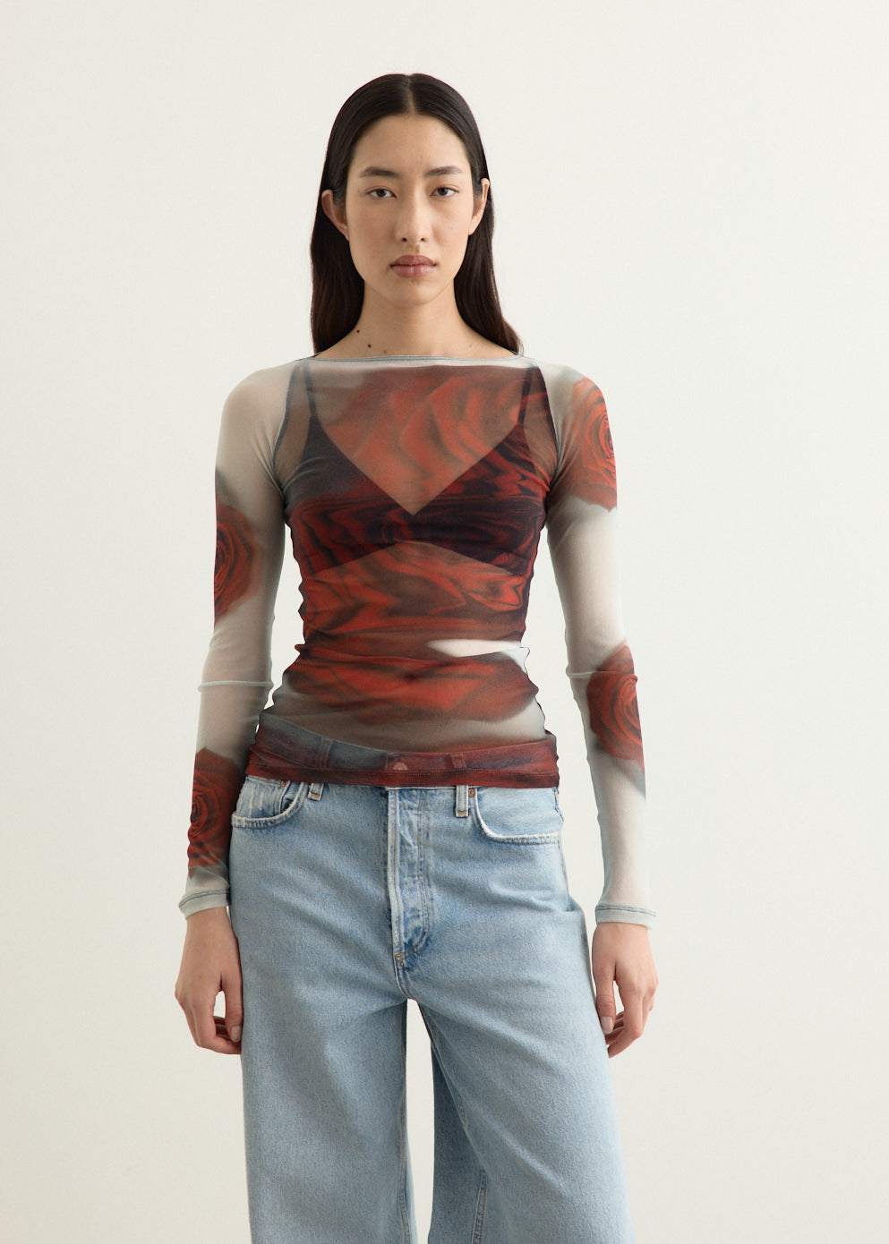 Mesh Boat Neck Long Sleeve Top