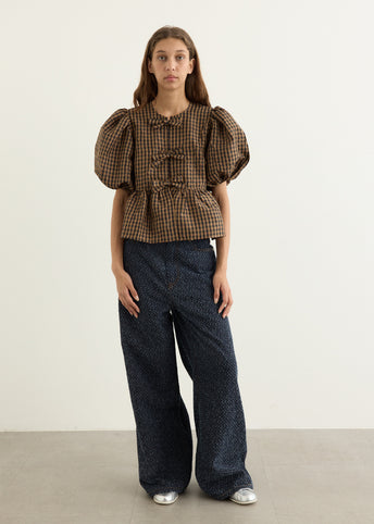 Crinkled Taffeta Check Peplum Blouse