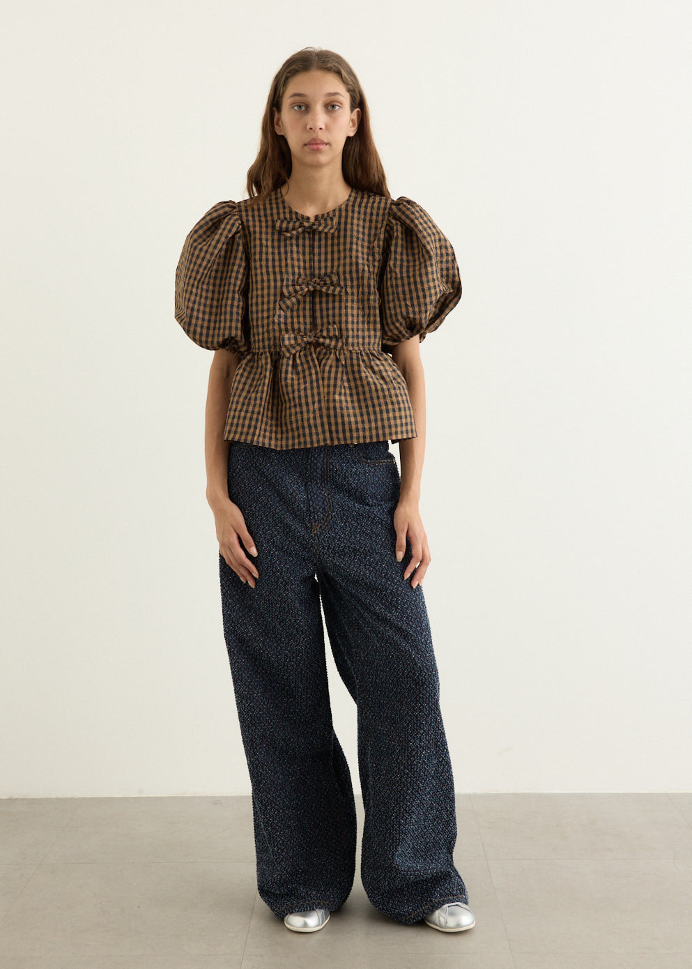 Crinkled Taffeta Check Peplum Blouse