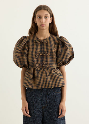 Crinkled Taffeta Check Peplum Blouse