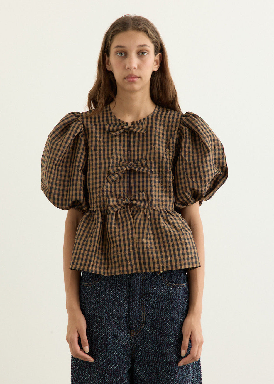 Crinkled Taffeta Check Peplum Blouse