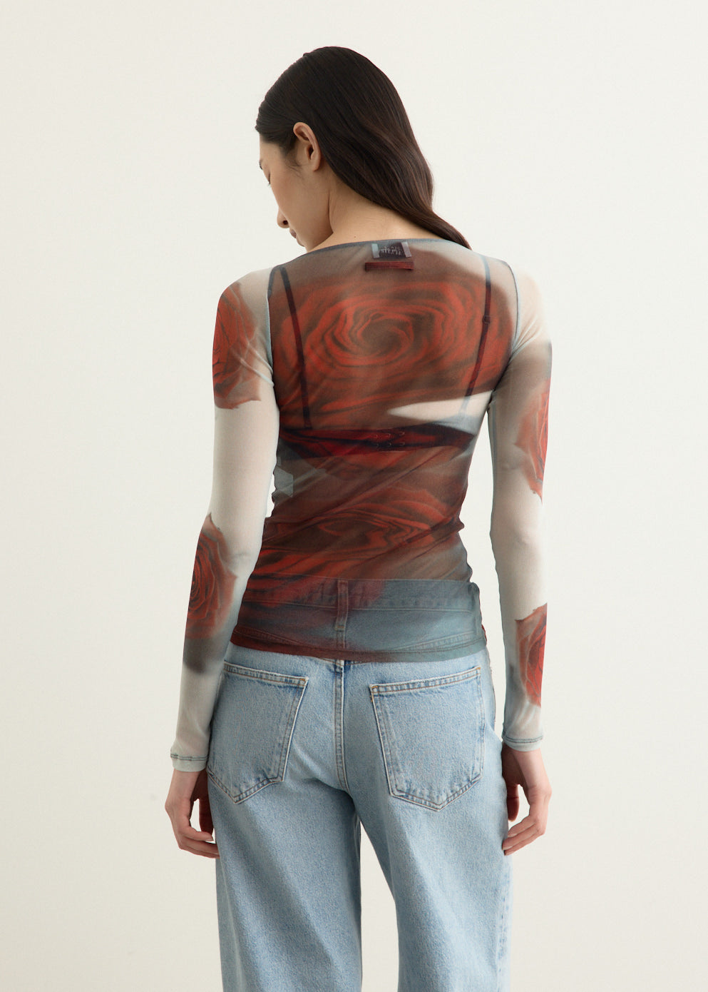 Mesh Boat Neck Long Sleeve Top