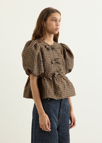 Crinkled Taffeta Check Peplum Blouse