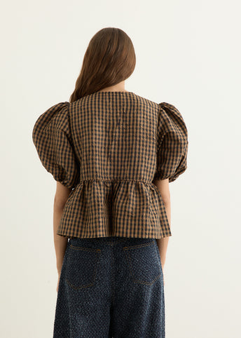 Crinkled Taffeta Check Peplum Blouse