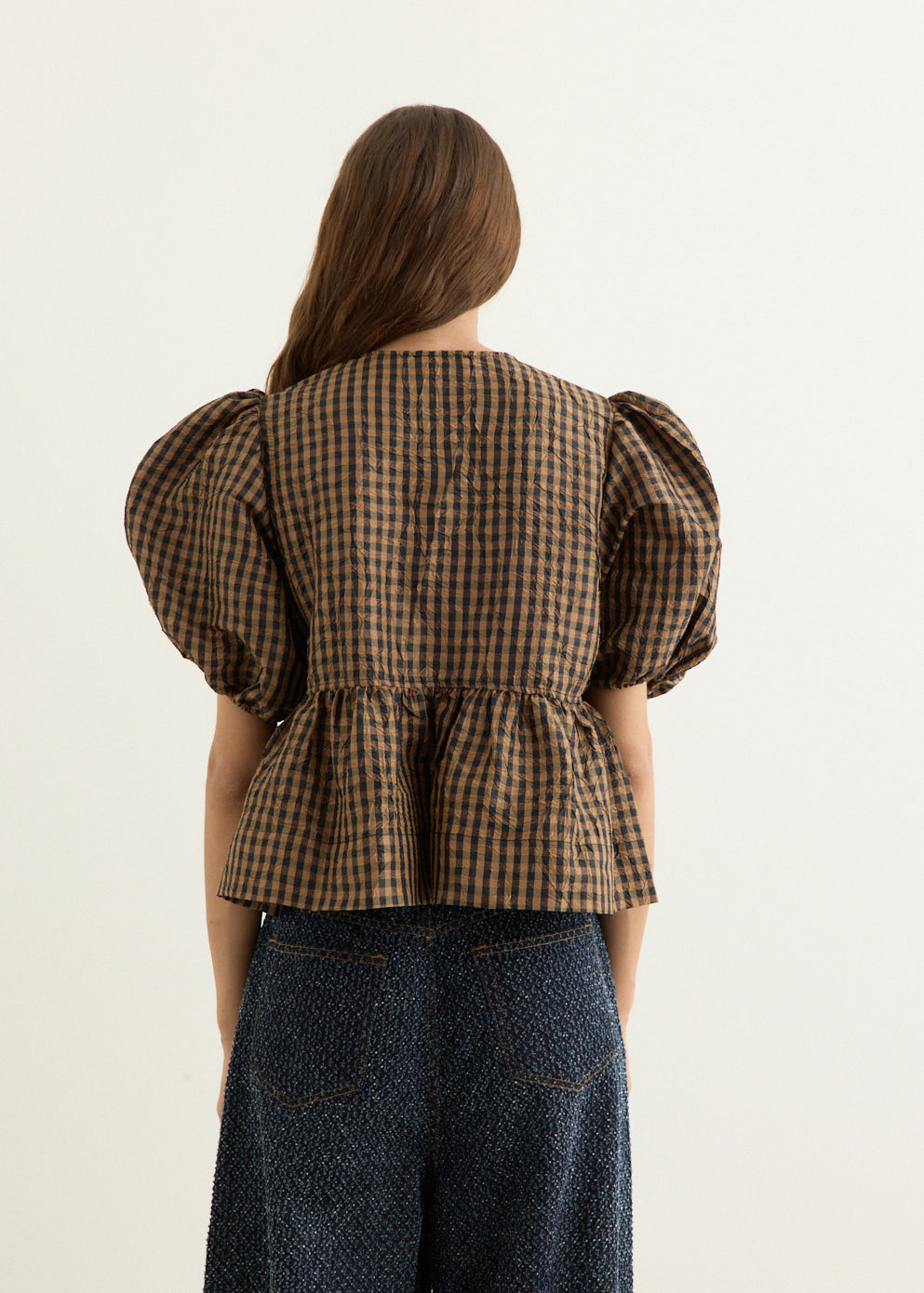 Crinkled Taffeta Check Peplum Blouse
