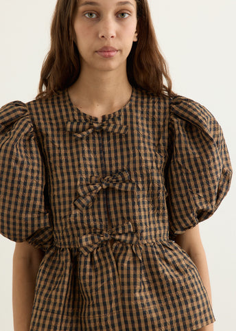 Crinkled Taffeta Check Peplum Blouse