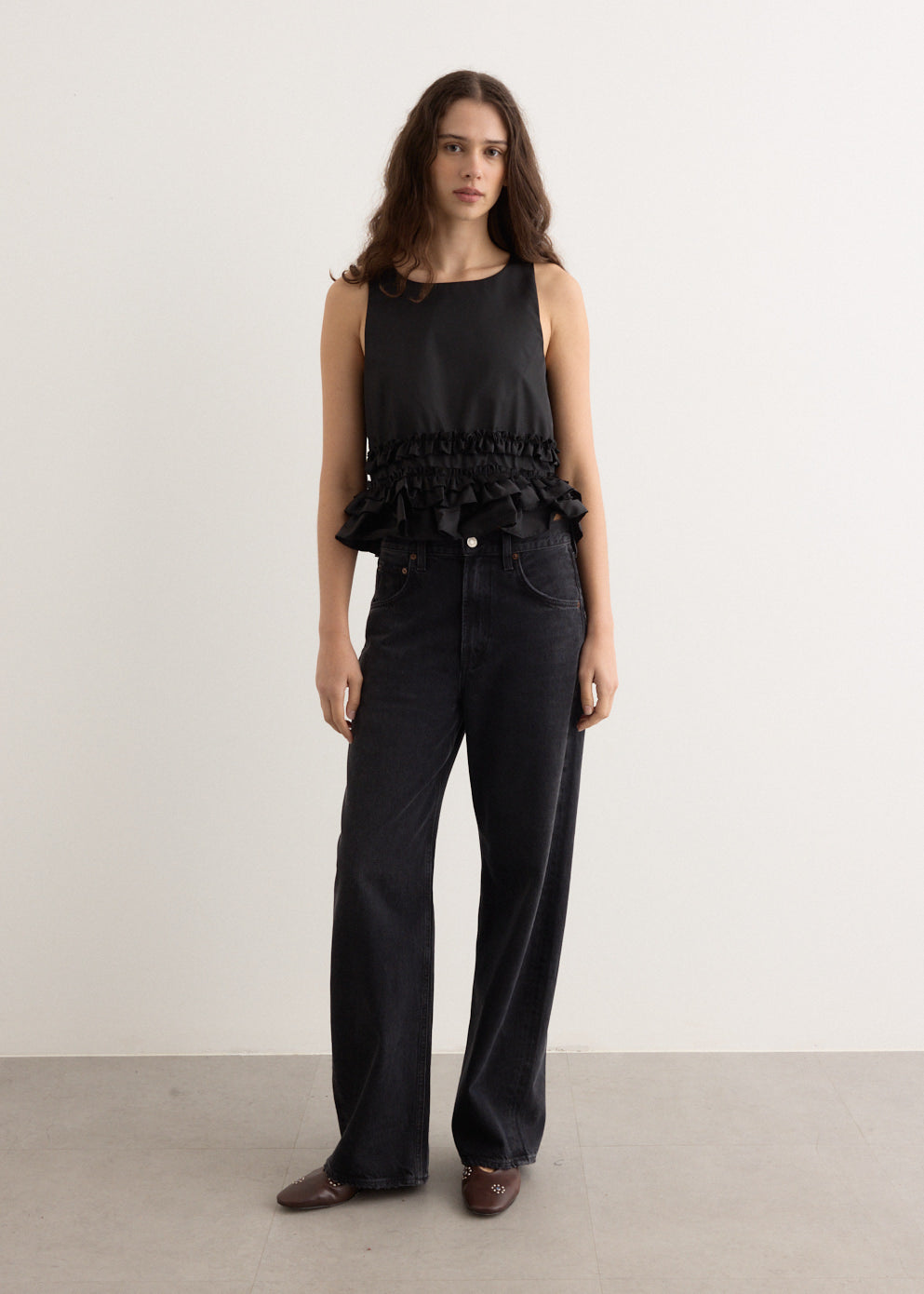 Duchesse Nylon Open Back Frill Top