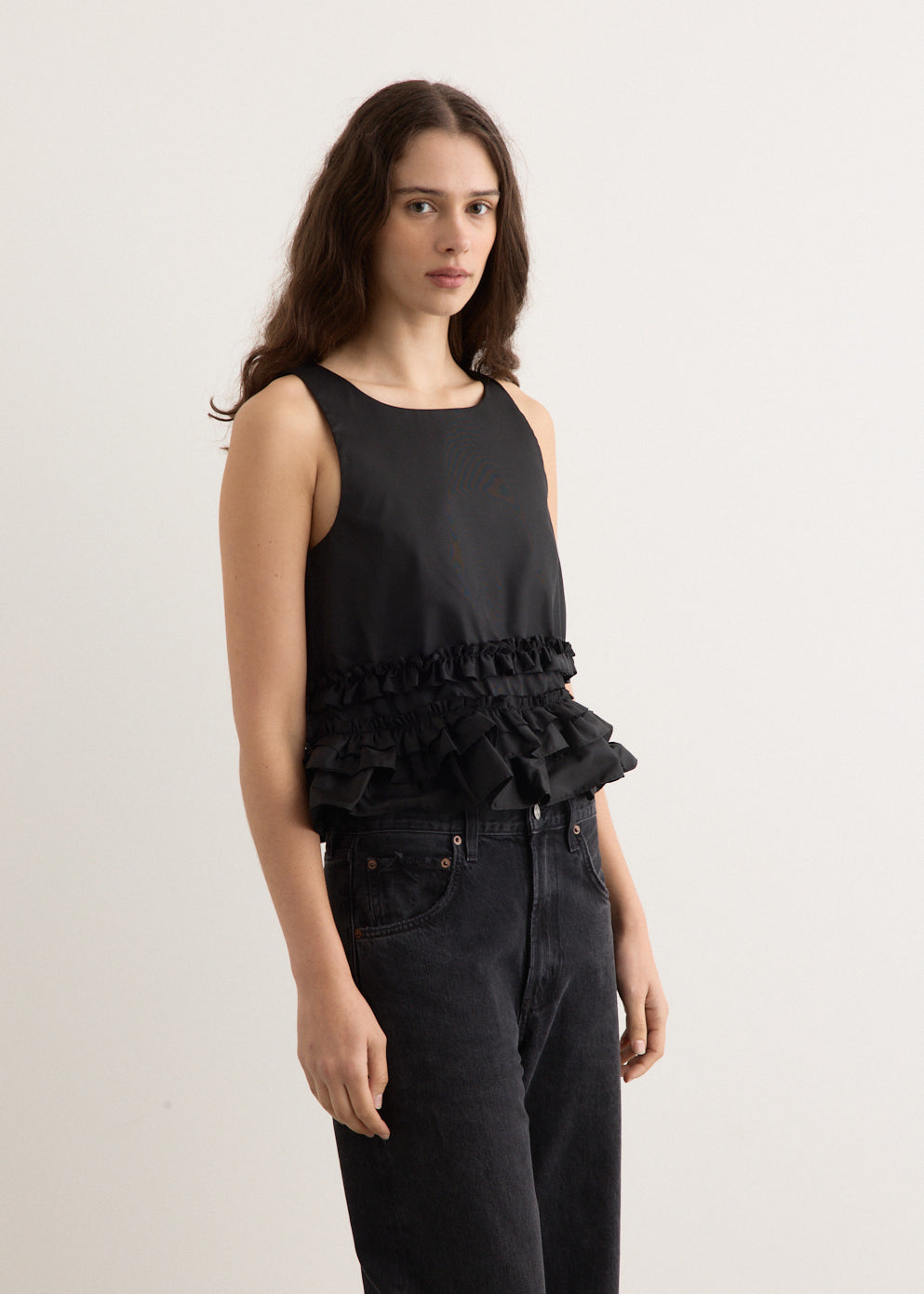 Duchesse Nylon Open Back Frill Top