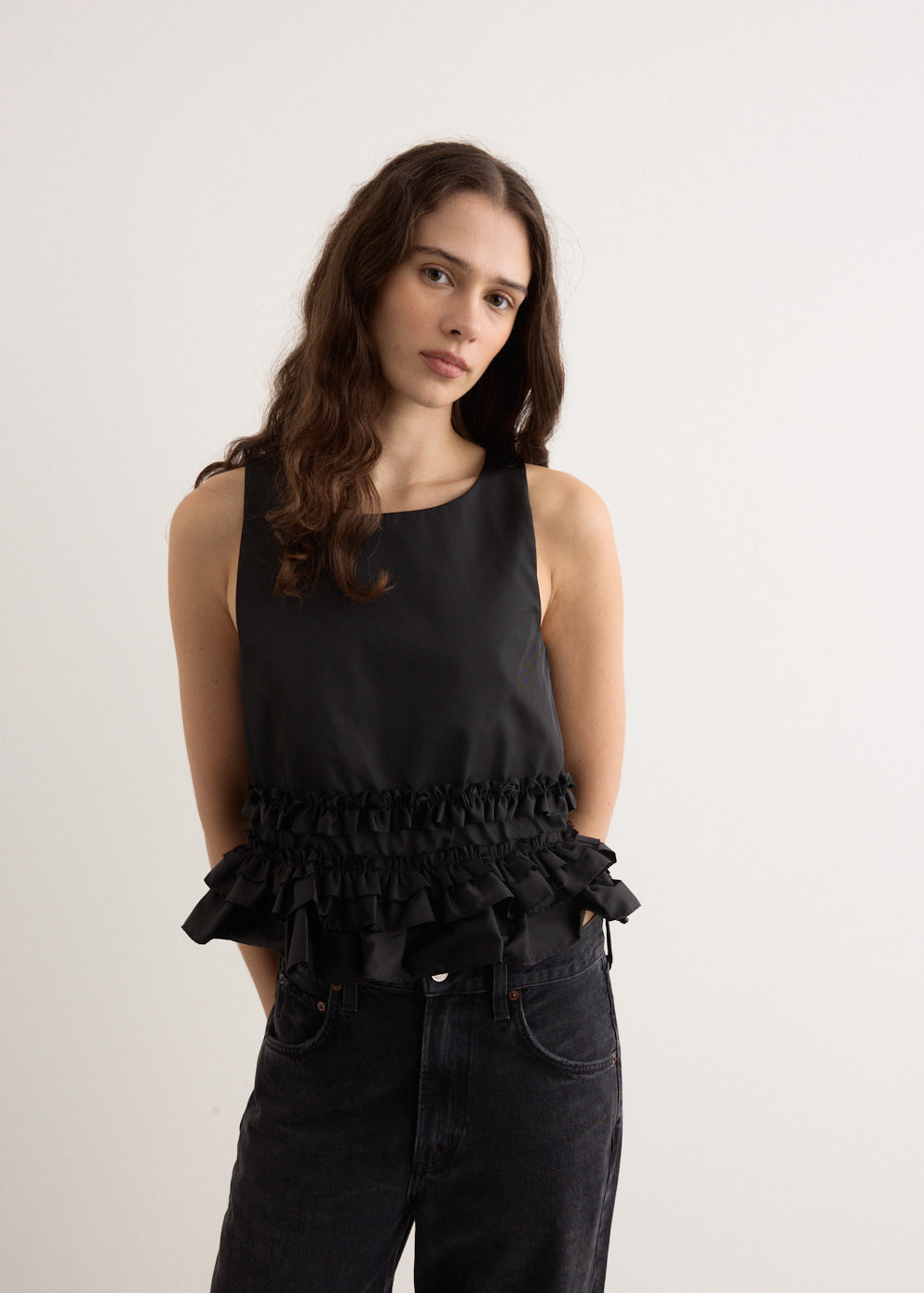 Duchesse Nylon Open Back Frill Top