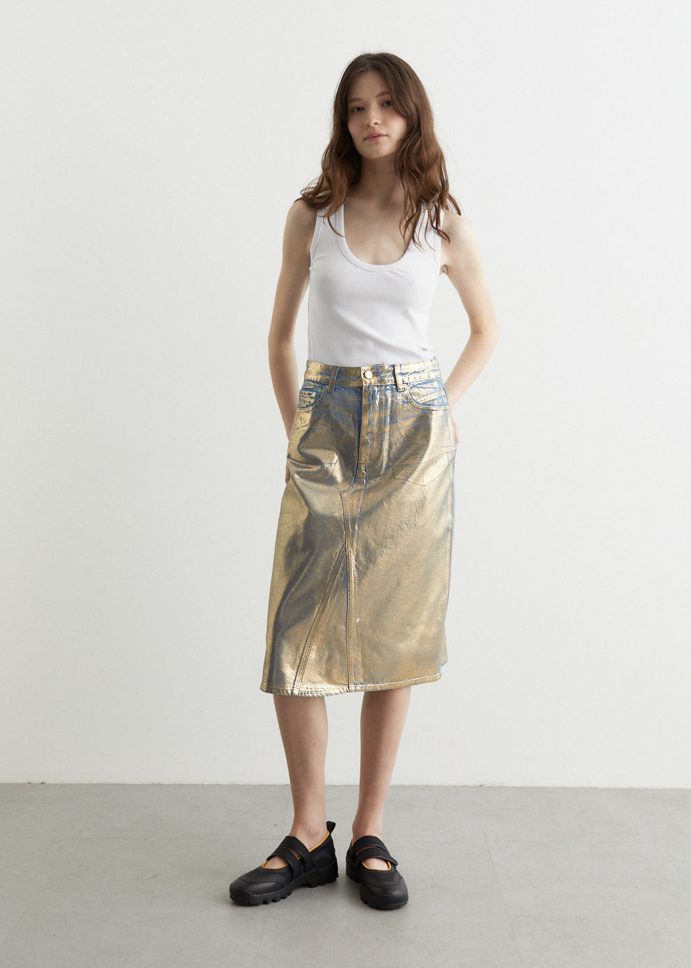 Gold Denim Midi Skirt