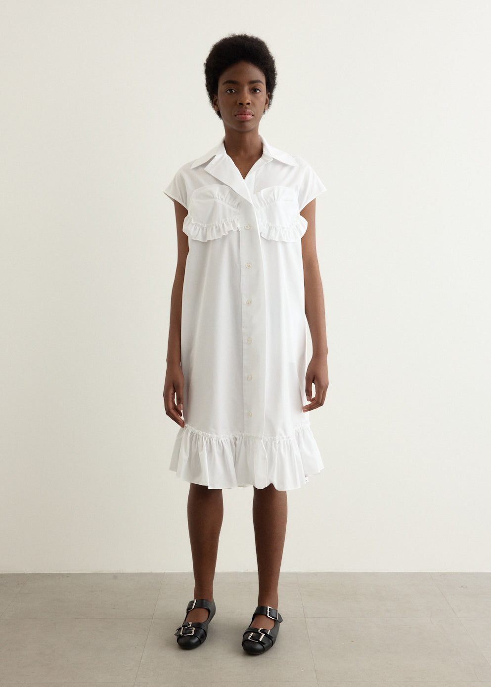 Sleeveless Ruffle Bust Detail Frill Hem Shirt Dress