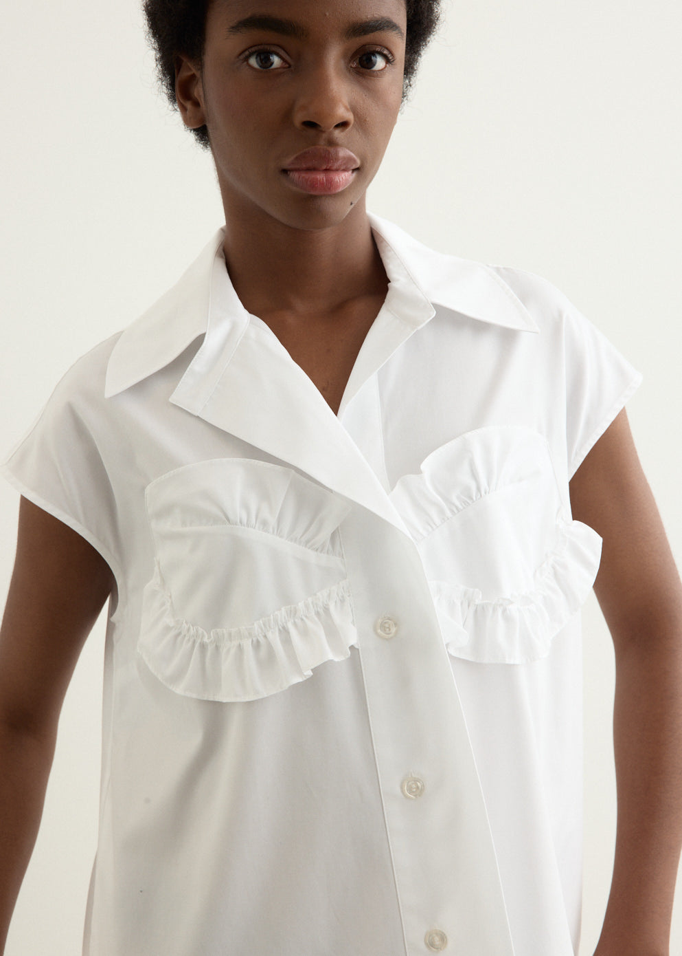 Sleeveless Ruffle Bust Detail Frill Hem Shirt Dress