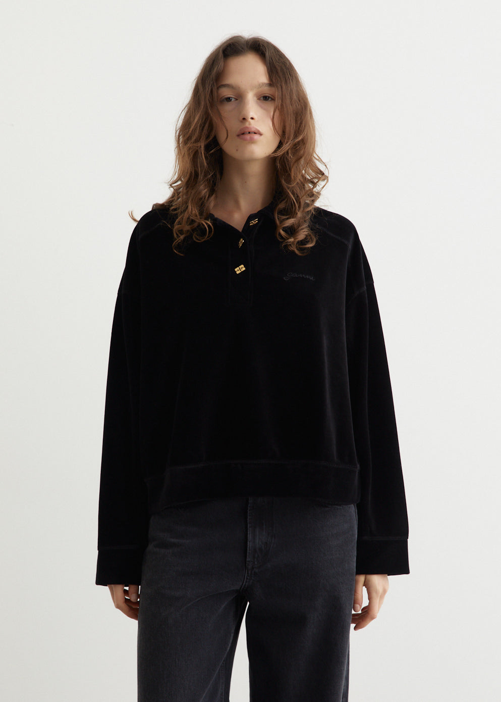 Ganni - Heavy Velour Drop Shoulder Polo Shirt - Sweater,Specials : American Fashion Style Bags On Sale Ganni - Heavy Velour Drop Shoulder Polo Shirt - Sweater,Specials : American Fashion Style Bags On Sale