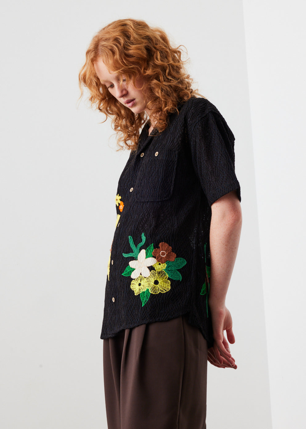 Flower Embroidered Open Collar Shirt