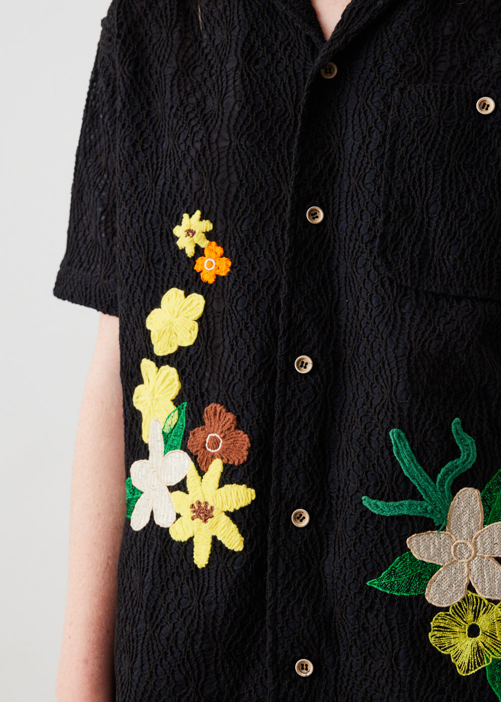 Flower Embroidered Open Collar Shirt