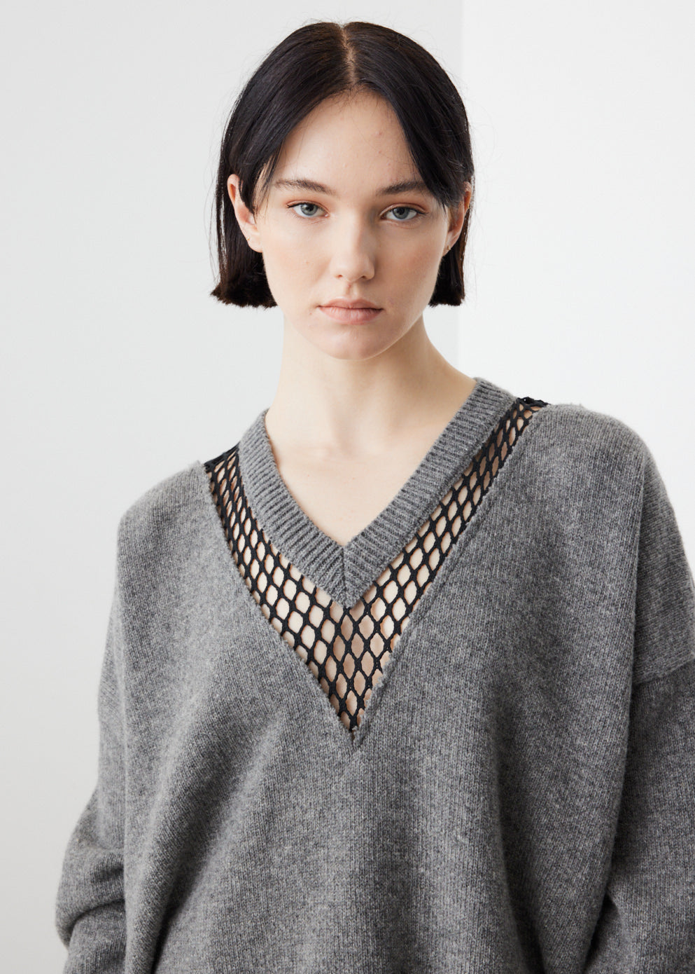 Loose Fit Sweater with Net V-Neck Insert