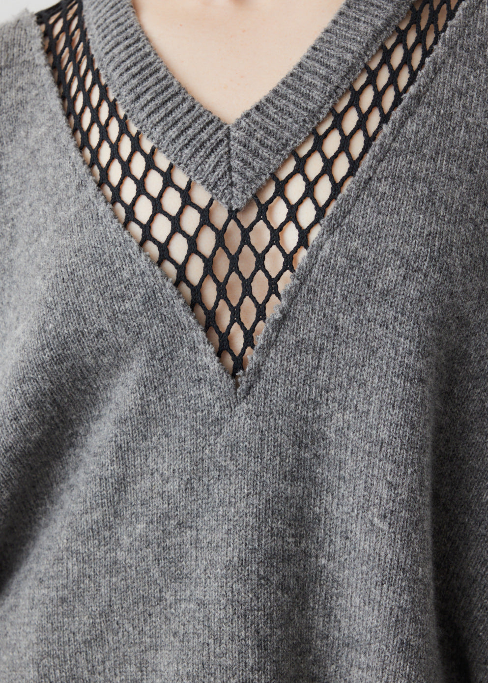Loose Fit Sweater with Net V-Neck Insert