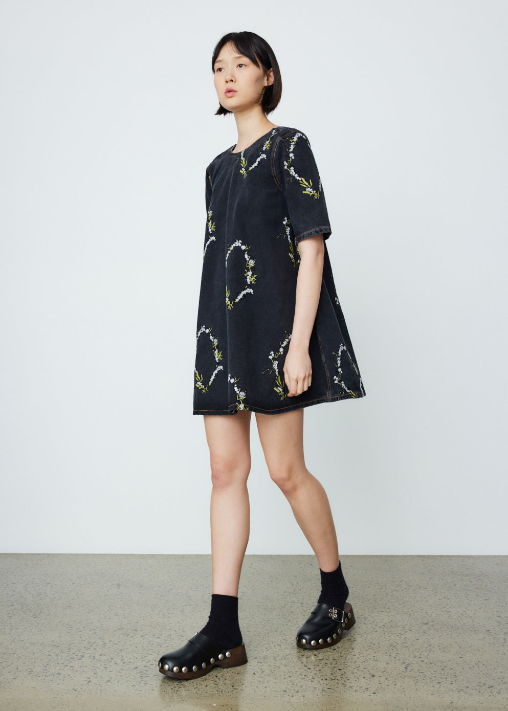 Embroidery Denim A-Line Mini Dress
