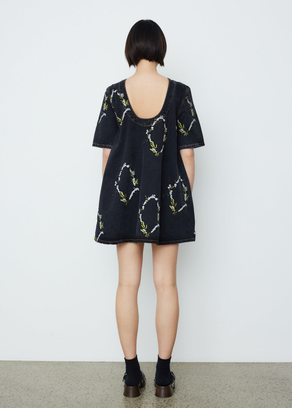Embroidery Denim A-Line Mini Dress