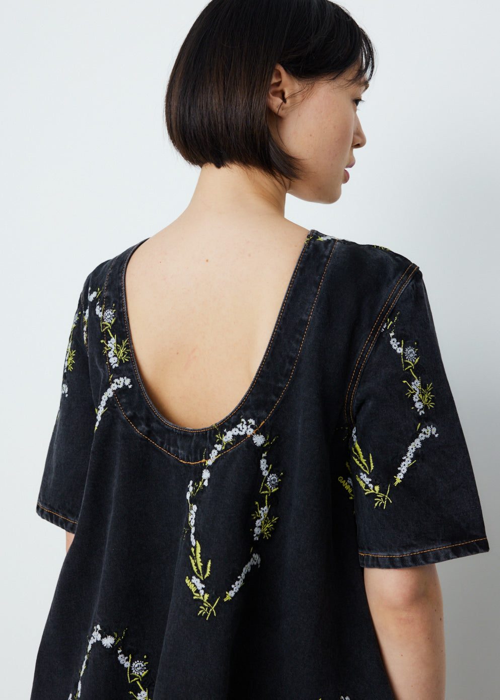 Embroidery Denim A-Line Mini Dress