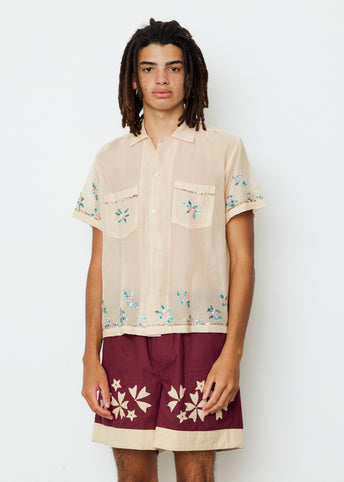 Sequinned Floral Net Short Sleeve Shirt