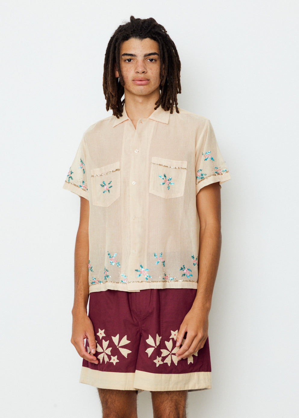 Sequinned Floral Net Short Sleeve Shirt