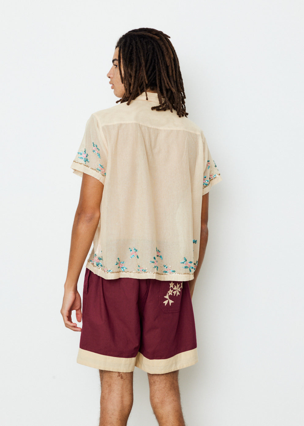 Sequinned Floral Net Short Sleeve Shirt