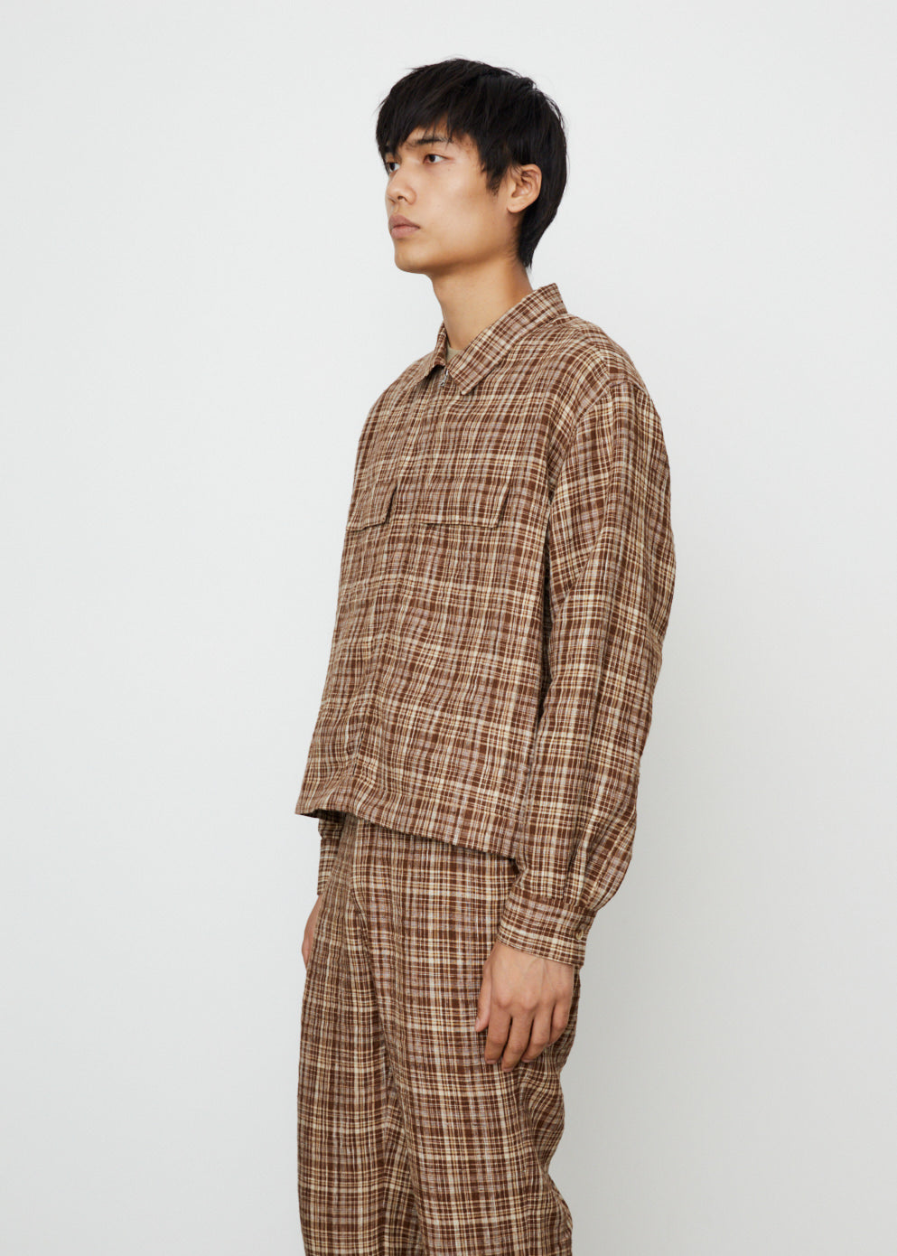 Linen Silk Check Zip Blouson