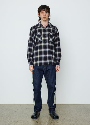 Cotton Rayon Shadow Check Large Pointed Collar Board Shirt