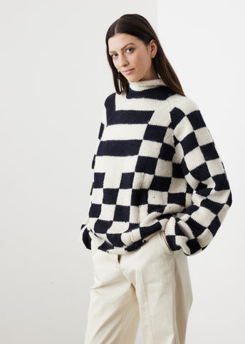 Checkerboard Funnel Neck Sweater