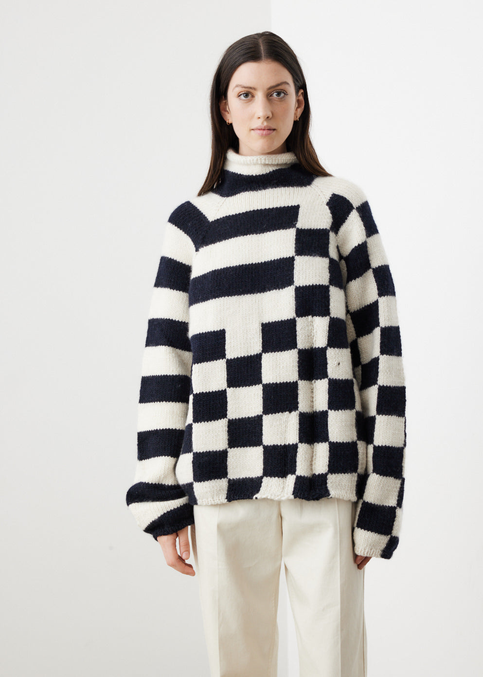 Checkerboard Funnel Neck Sweater