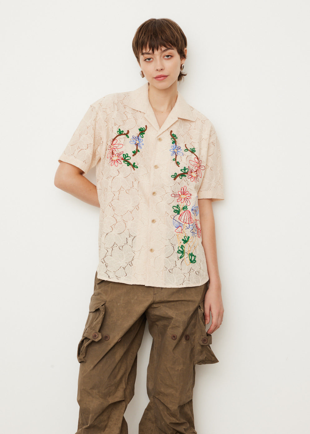 Flower Mushroom Embroidery Shirt