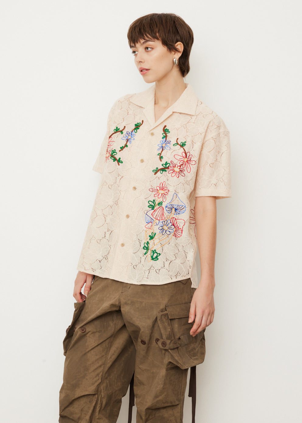 Flower Mushroom Embroidery Shirt