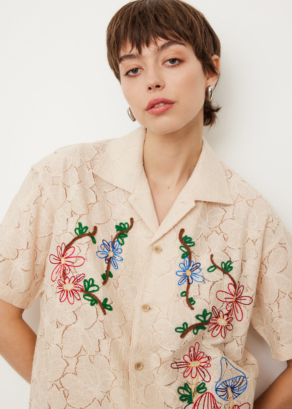 Flower Mushroom Embroidery Shirt